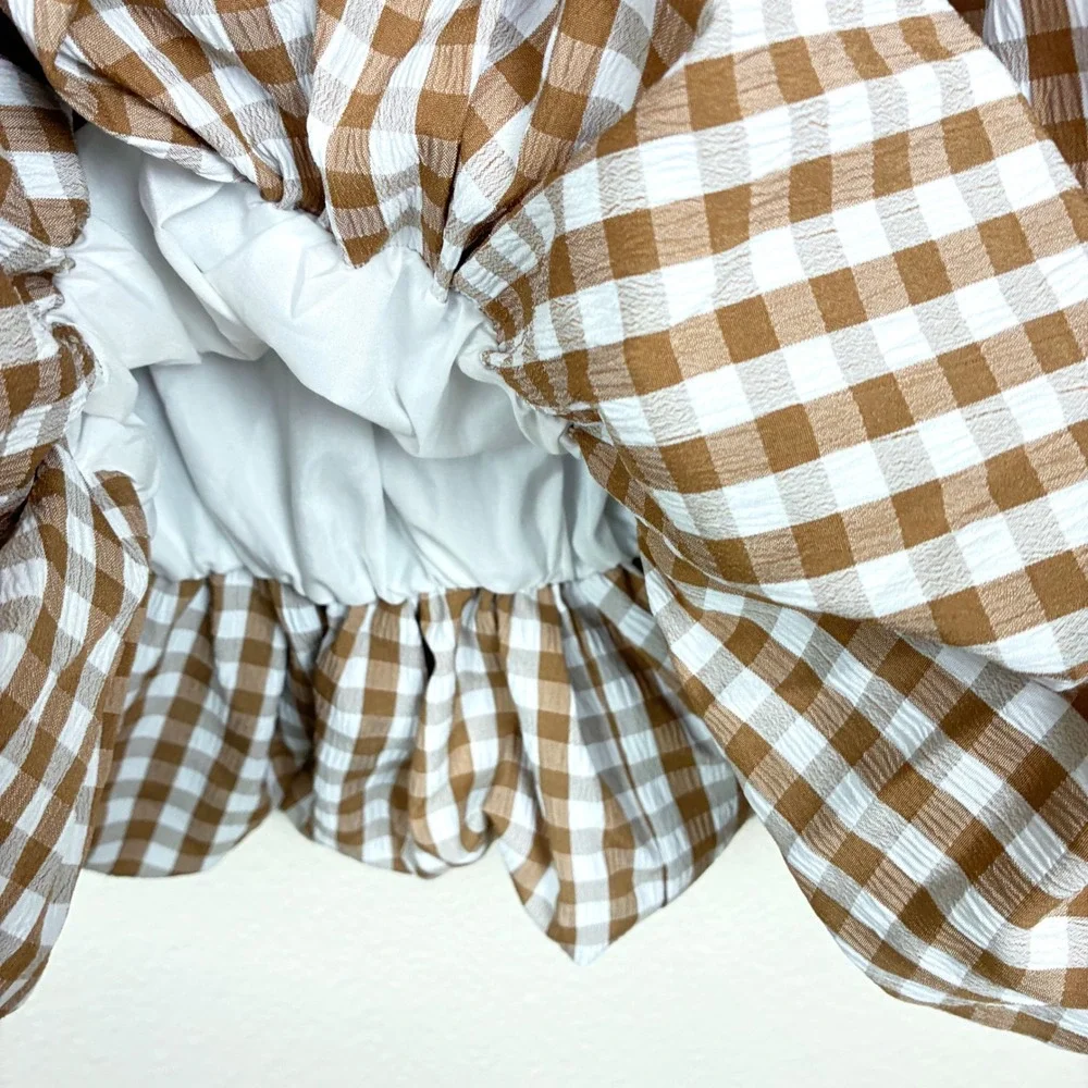 Emerson Lang Skirt XL Bubble Balloon Hem Midi Gingham Cottage Boho Brown Plaid